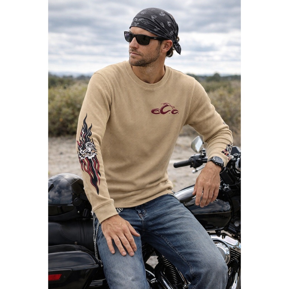 Orange County Choppers Mens M Tan Flame Sleeve Graphic Y2K Biker Shirt